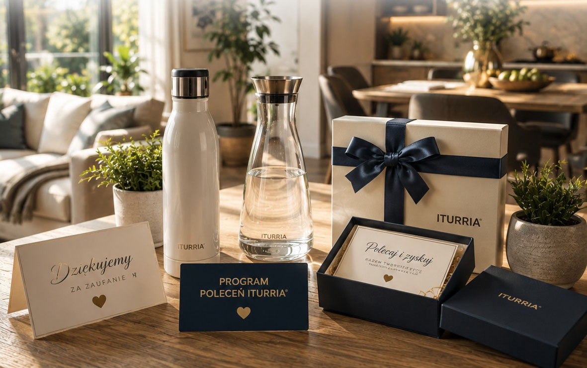 Grafika Programu Poleceń ITURRIA — butelki i elegancko zapakowany zestaw w domowym wnętrzu