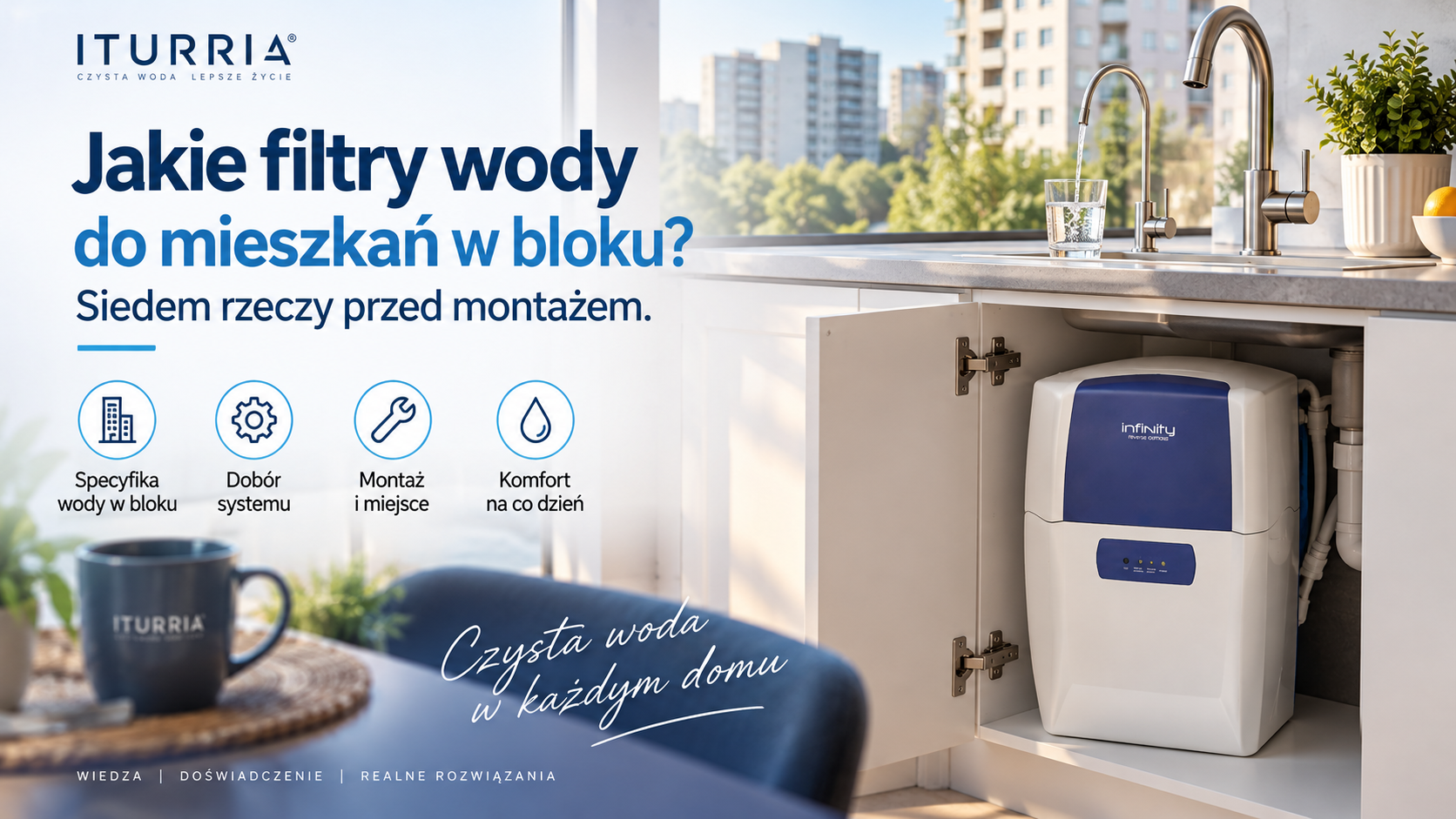Jaki filtr do wody do mieszkania w bloku – system ITURRIA One Infinity w szafce pod zlewem, dwa krany, nowoczesna kuchnia