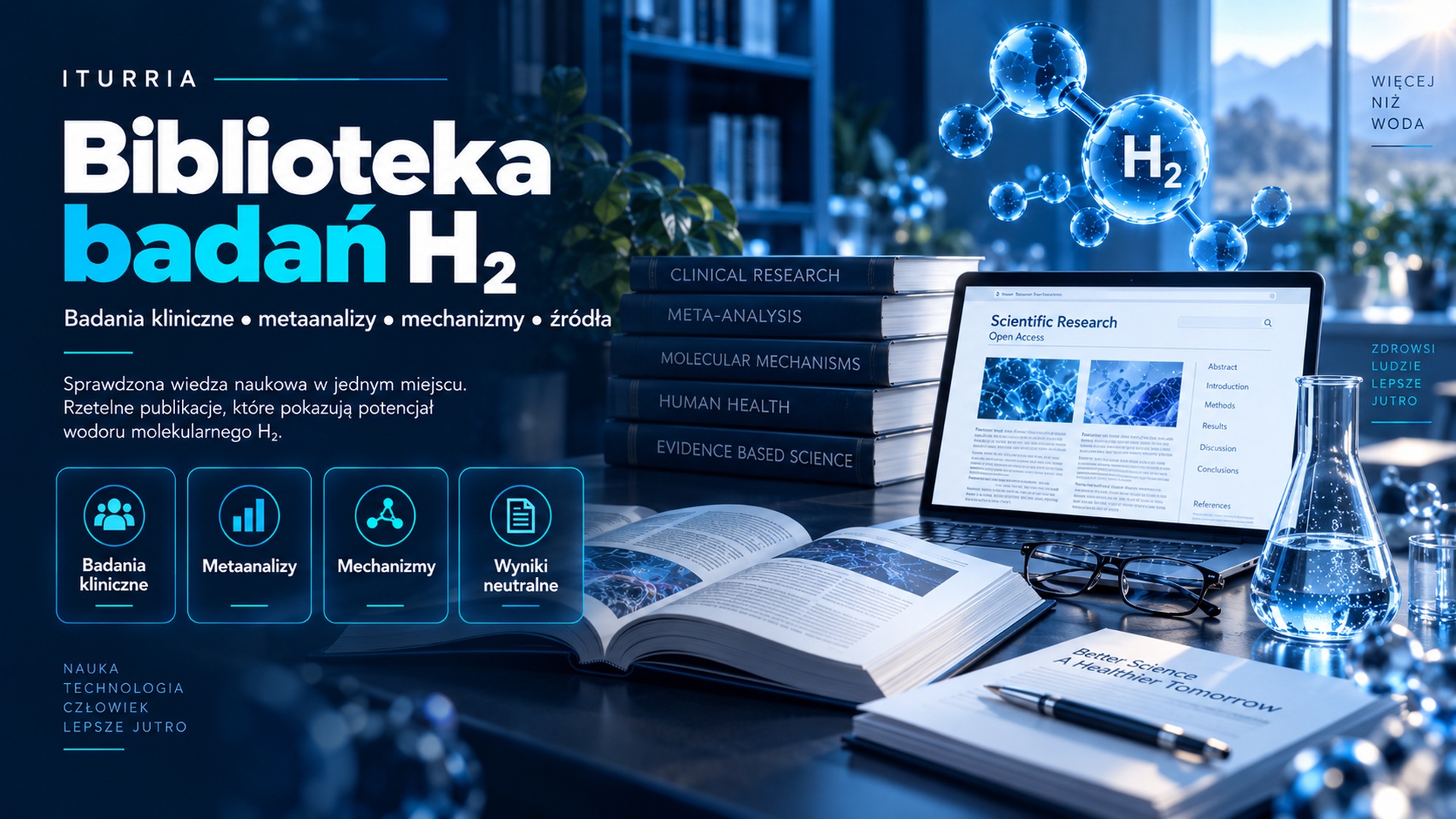 Biblioteka badań H₂ – publikacje naukowe, badania kliniczne, metaanalizy i mechanizmy działania wodoru molekularnego