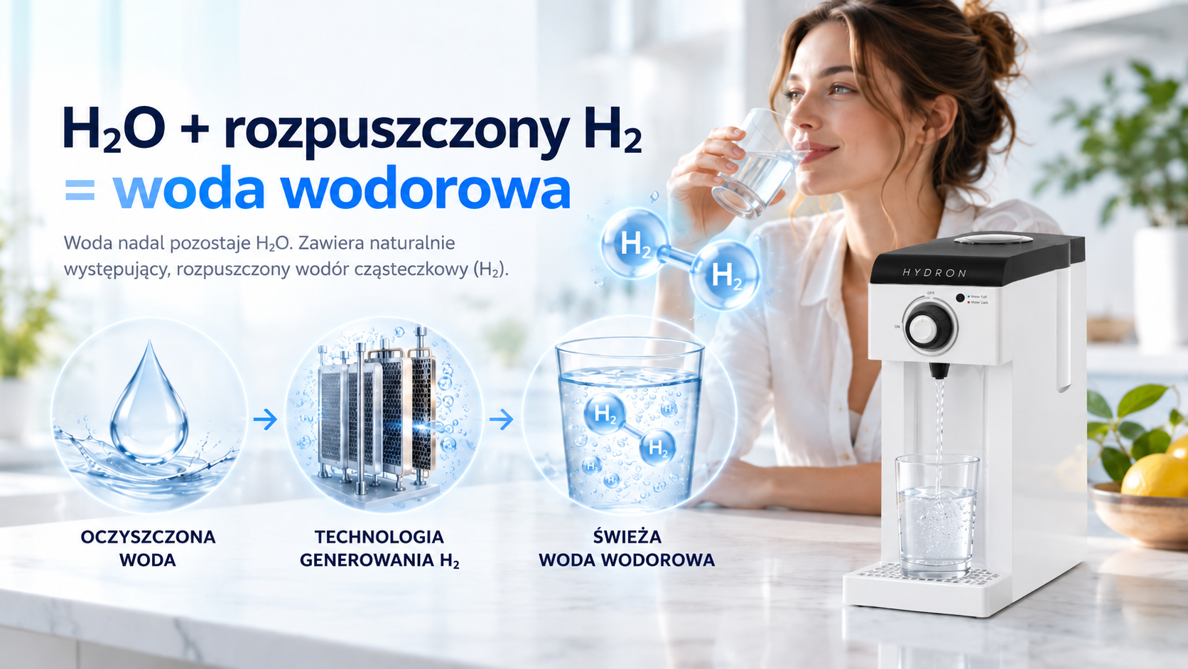 H₂O + rozpuszczony H₂ = woda wodorowa – HYDRON i przygotowywanie świeżej wody